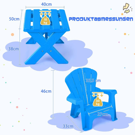 3 buc. Grup de scaune pentru copii din masă pentru copii din plastic cu 2 scaune Adirondack albastre