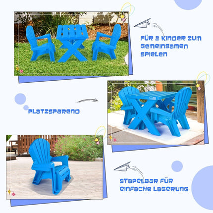 3 buc. Grup de scaune pentru copii din masă pentru copii din plastic cu 2 scaune Adirondack albastre