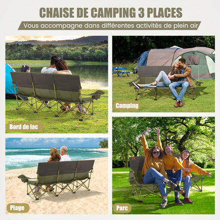 3-Person Folding Camping Chair, Padded, 2 Cup Holders, Green