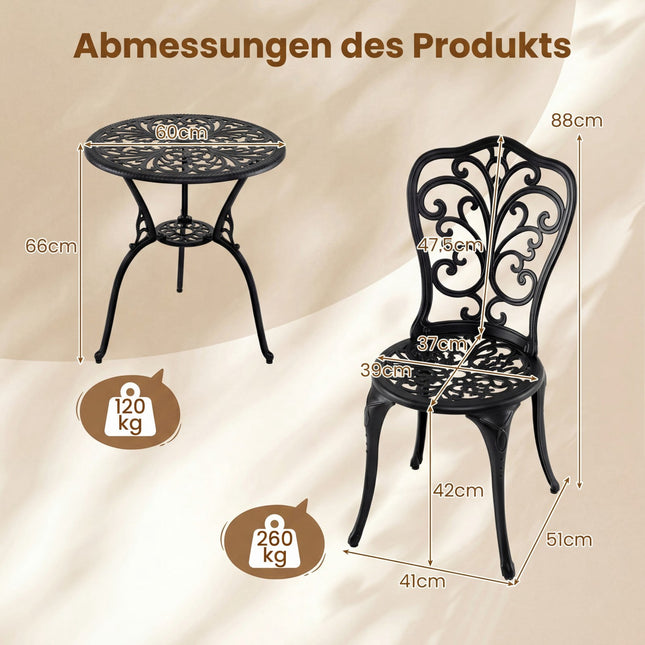 Set bistro pentru terasă din aluminiu, format din 3 piese, cu masă și scaune