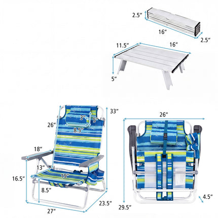 3-Piece Beach Chair and Table Set, Foldable, 5 Positions, Aluminium, Blue Green
