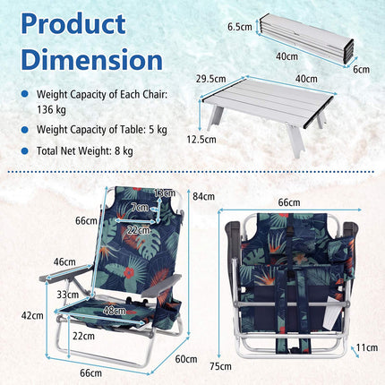 3-Piece Beach Chair and Table Set, Foldable, 5 Positions, Aluminium, Navy Blue