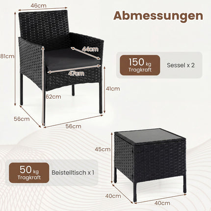 Set de mobilier de exterior din ratan negru, format din 3 piese, cu masă
