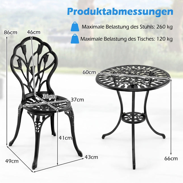 Set bistro din aluminiu turnat, format din 3 piese, cu orificiu pentru umbrelă