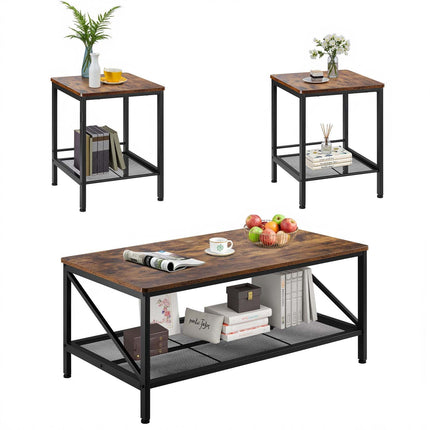 3-Piece Coffee Table Set, 105 cm, 2 End Tables, Metal Legs