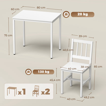 3-Piece Dining Set with Rectangular Table and 2 Chairs, 80 x 60 cm, White