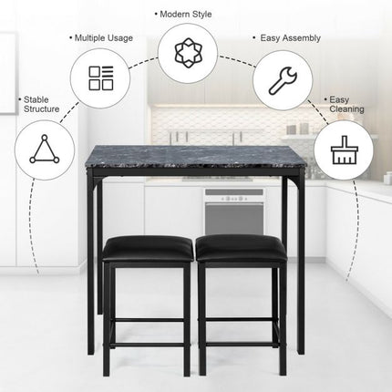 Set masă de sufragerie cu 3 piese, 2 scaune din piele ecologică, negru
