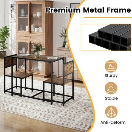 Set de masă de sufragerie cu 3 piese pentru 2 persoane, cadru metalic, maro rustic