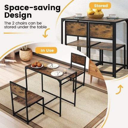 Set de masă de sufragerie cu 3 piese pentru 2 persoane, cadru metalic, maro rustic