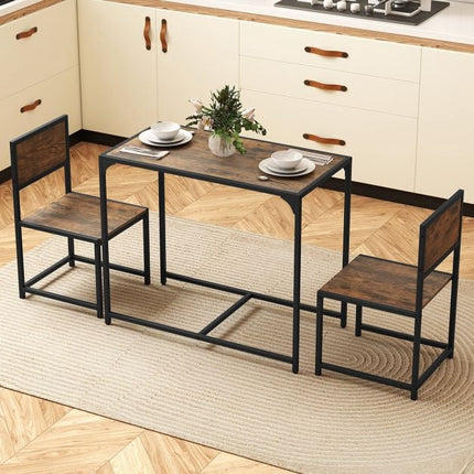 Set de masă de sufragerie cu 3 piese pentru 2 persoane, cadru metalic, maro rustic