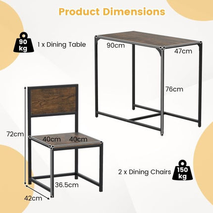 Set de masă de sufragerie cu 3 piese pentru 2 persoane, cadru metalic, maro rustic
