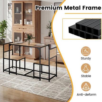 Set de masă de sufragerie cu 3 piese pentru 2 persoane, cadru metalic, blat rustic