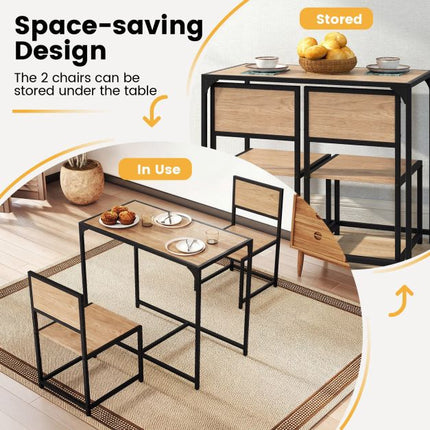 Set de masă de sufragerie cu 3 piese pentru 2 persoane, cadru metalic, blat rustic