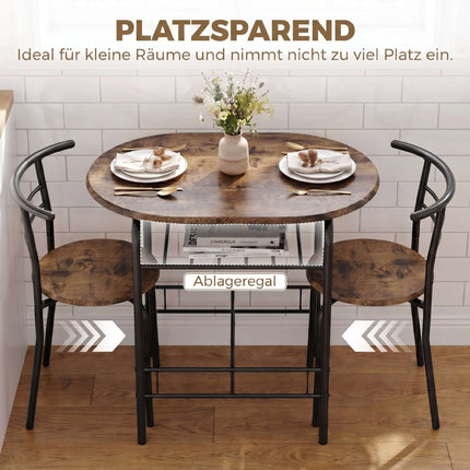 Set de masă de sufragerie cu 3 piese pentru 2 persoane, raft, maro rustic