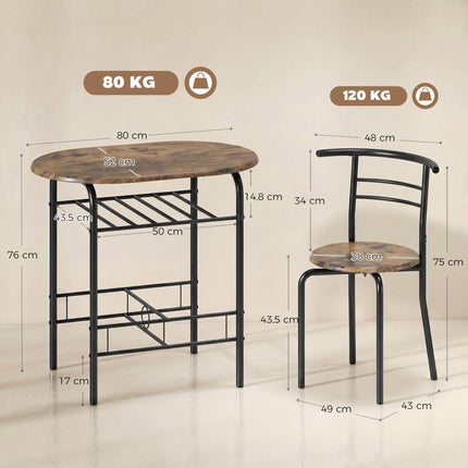 Set de masă de sufragerie cu 3 piese pentru 2 persoane, raft, maro rustic