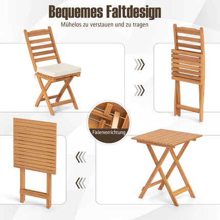Set de balcon pliabil, 3 piese, cu perne, lemn de salcâm