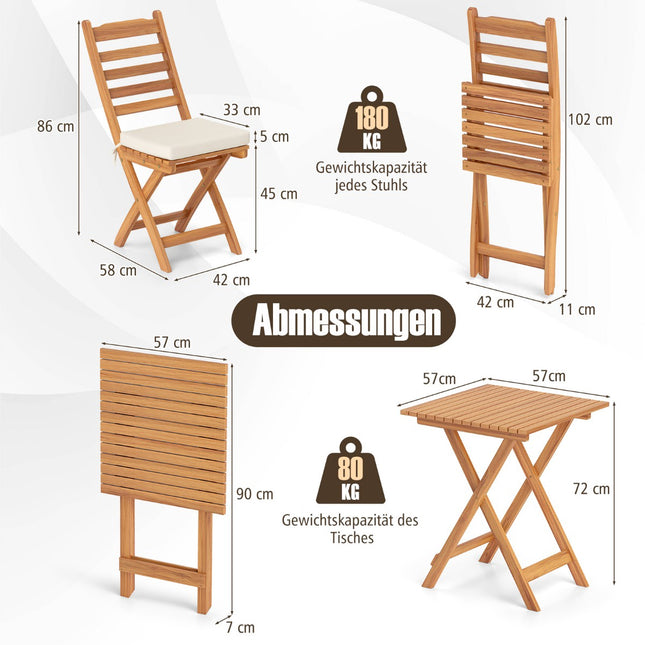 Set de balcon pliabil, 3 piese, cu perne, lemn de salcâm