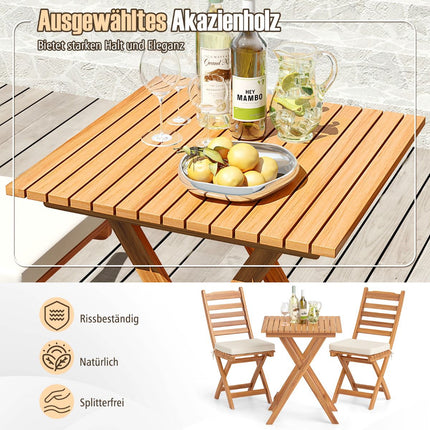 Set de balcon pliabil, 3 piese, cu perne, lemn de salcâm