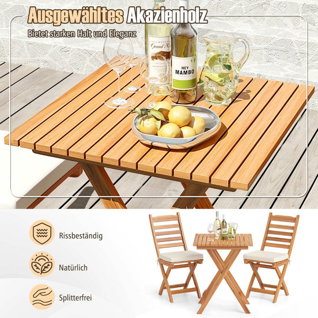Set de balcon pliabil, 3 piese, cu perne, lemn de salcâm
