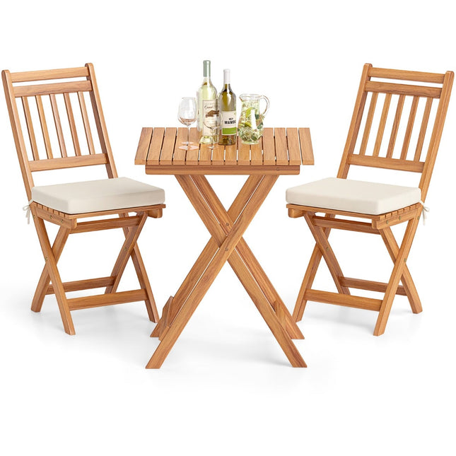 Set de balcon pliabil, 3 piese, cu perne, lemn de salcâm