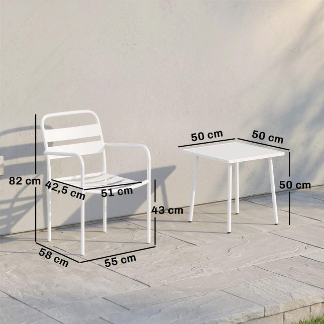 Set bistro pentru terasă, 3 piese, din metal, cu masă de sticlă, alb