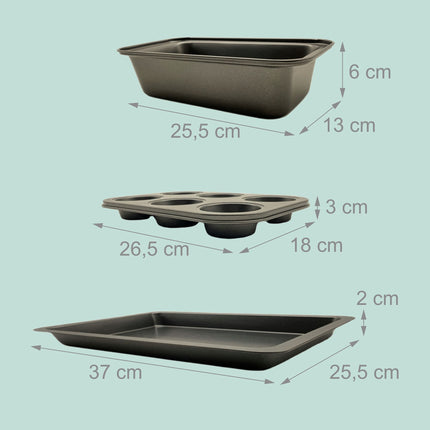 Set de 3 vase de copt antiaderente – forme pentru brioșe, pâine și copt