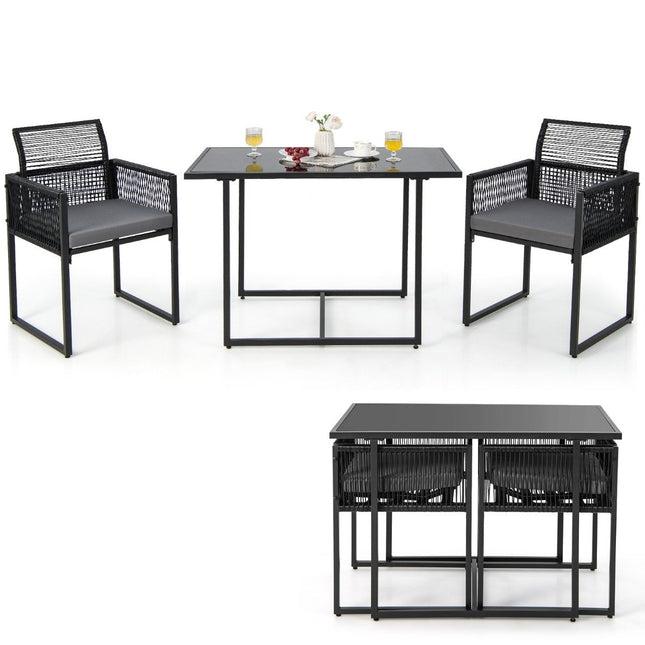 Set de sufragerie în aer liber din 3 piese cu spătar pliabil și set de mobilier de terasă cu perne de scaun