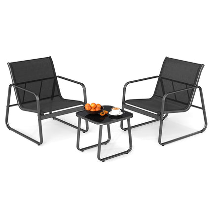 Set de mobilier de terasă cu 3 piese, textilenă, masă de sticlă, negru