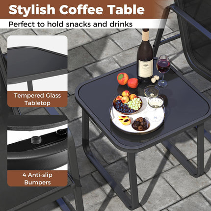Set de mobilier de terasă cu 3 piese, textilenă, masă de sticlă, negru
