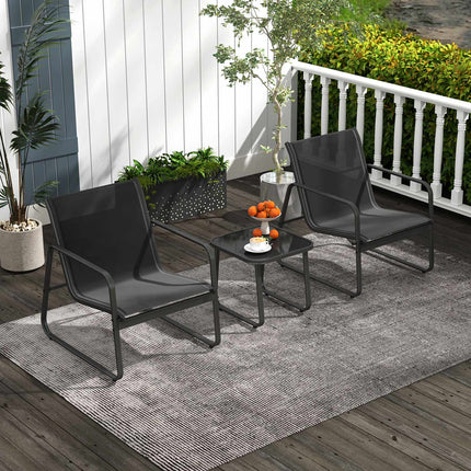 Set de mobilier de terasă cu 3 piese, textilenă, masă de sticlă, negru