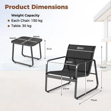 Set de mobilier de terasă cu 3 piese, textilenă, masă de sticlă, negru