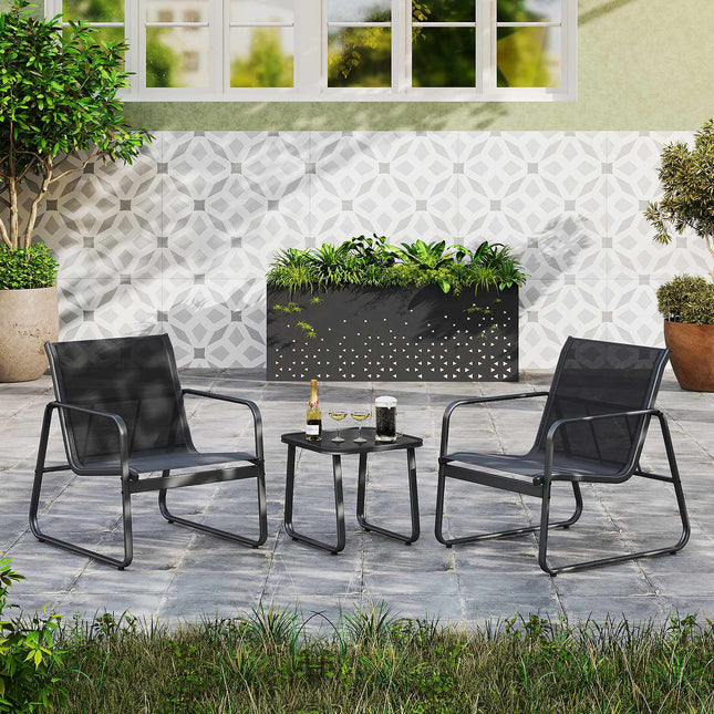 Set de mobilier de terasă cu 3 piese, textilenă, masă de sticlă, negru