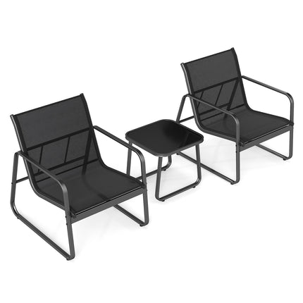 Set de mobilier de terasă cu 3 piese, textilenă, masă de sticlă, negru
