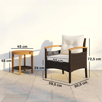 Set bistro din ratan cu 3 piese, perne și masă din lemn