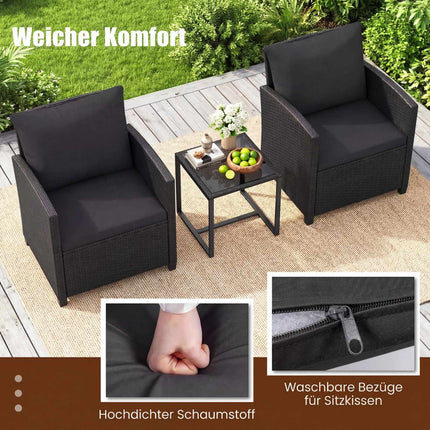 Set de mobilier de exterior din ratan, format din 3 piese, cu perne
