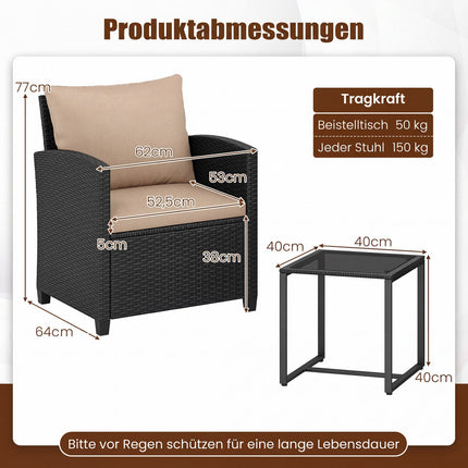 Set de mobilier de exterior din ratan, format din 3 piese, cu perne