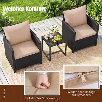 Set de mobilier de exterior din ratan, format din 3 piese, cu perne