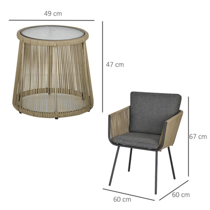 Set de terasă din ratan, 3 piese, 2 scaune și masă, gri