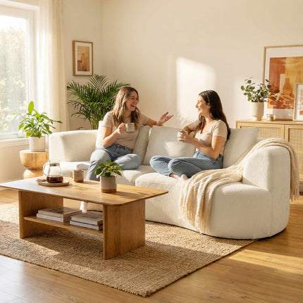 Canapea cu 3 locuri, 203 cm, material Chenille, alb crem