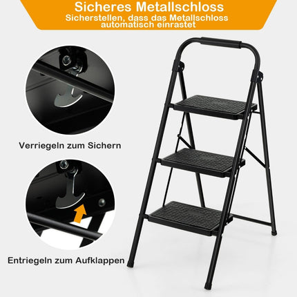 Scară pliabilă în 3 trepte, anti-alunecare, metal, neagră