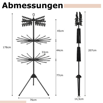 Suport de uscare a hainelor pliabil cu 3 niveluri, 178 cm, negru