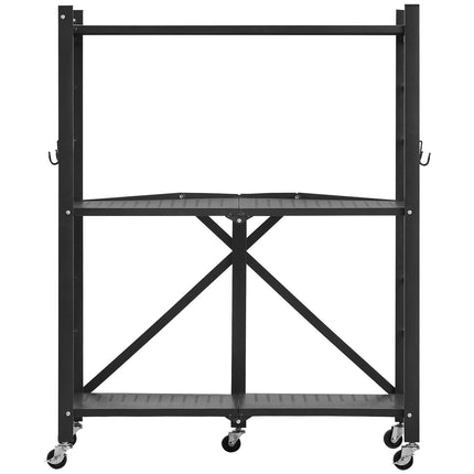 3-Tier Foldable Metal Storage Shelf, 28x13x36, Wheels and Hooks