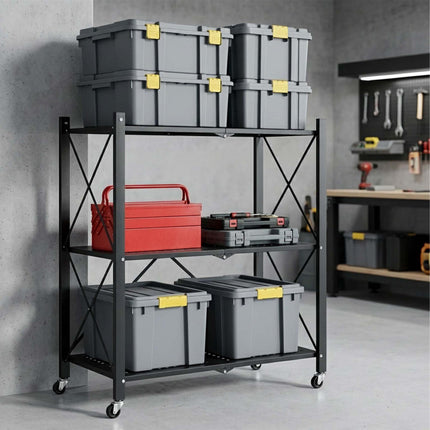 3-Tier Folding Steel Shelving Unit with Castors and Brakes, Black, 91 cm