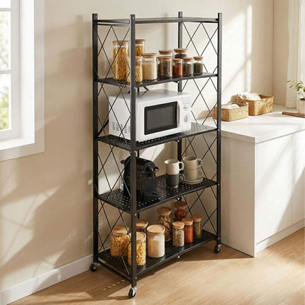 3-Tier Folding Steel Shelving Unit with Castors and Brakes, Black, 91 cm