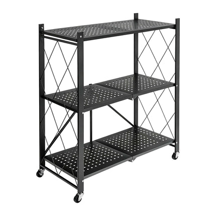 3-Tier Folding Steel Shelving Unit with Castors and Brakes, Black, 91 cm