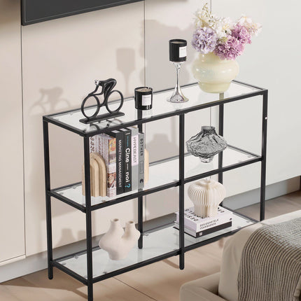 3-Tier Glass Console Table, Tempered Glass, Black