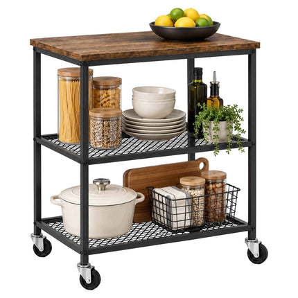 3-Tier Kitchen Trolley with Castors and Wood-Effect Top, Black, 10 kg per Tier