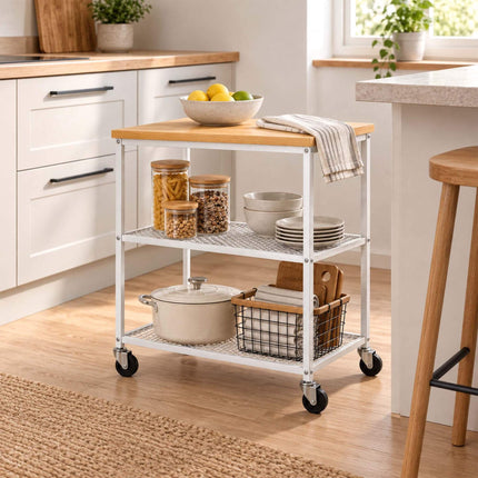 3-Tier Kitchen Trolley with Castors and Wood-Effect Top, Black, 10 kg per Tier
