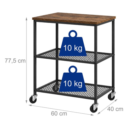 3-Tier Kitchen Trolley with Castors and Wood-Effect Top, Black, 10 kg per Tier