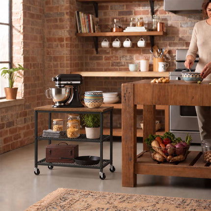 3-Tier Kitchen Trolley with Castors and Wood-Effect Top, Black, 10 kg per Tier